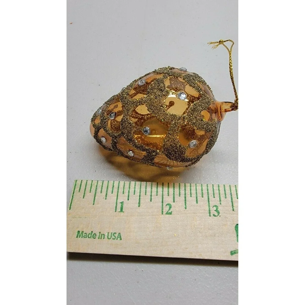 Vintage Poland Glass Pinecone Ornament Brown Gold Glitter Rhinestone 630t 1980